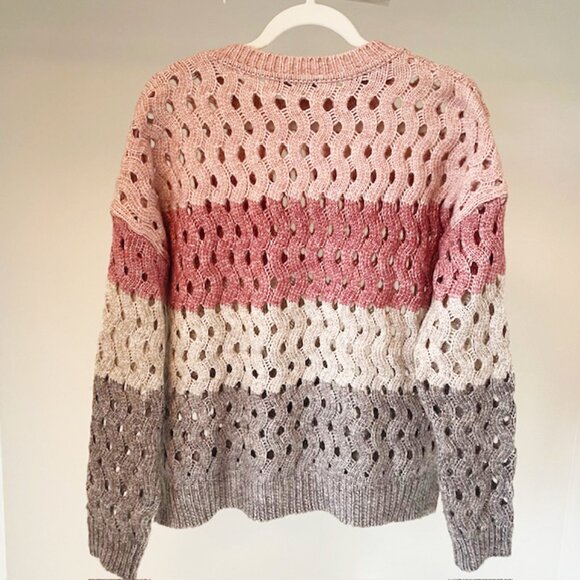 Charlie B Collection Open Weave Cropped Striped Sweater, Pink and Gray, Size L - Picture 4 of 6